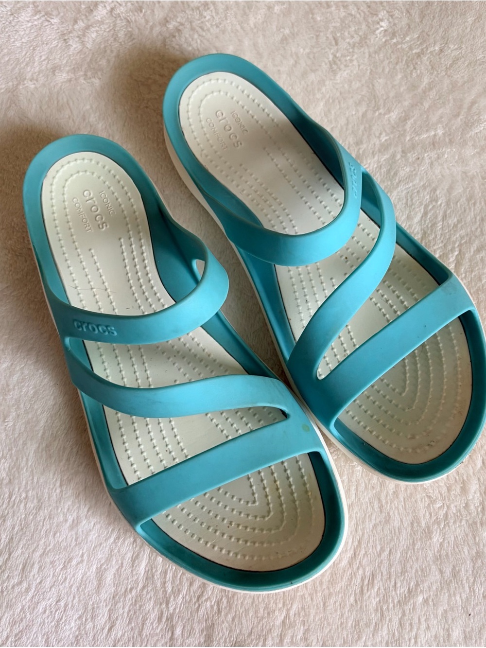 CROCS Teal and White Strappy Slide Sandals